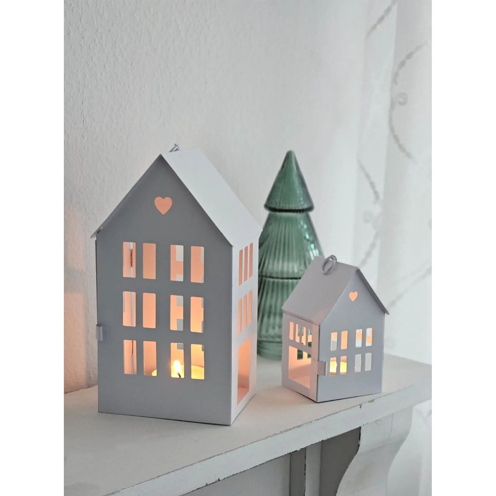 3 Laternenhäuser Windlicht Laternen Häuser Laterne Haus Metall weiß 3er SET