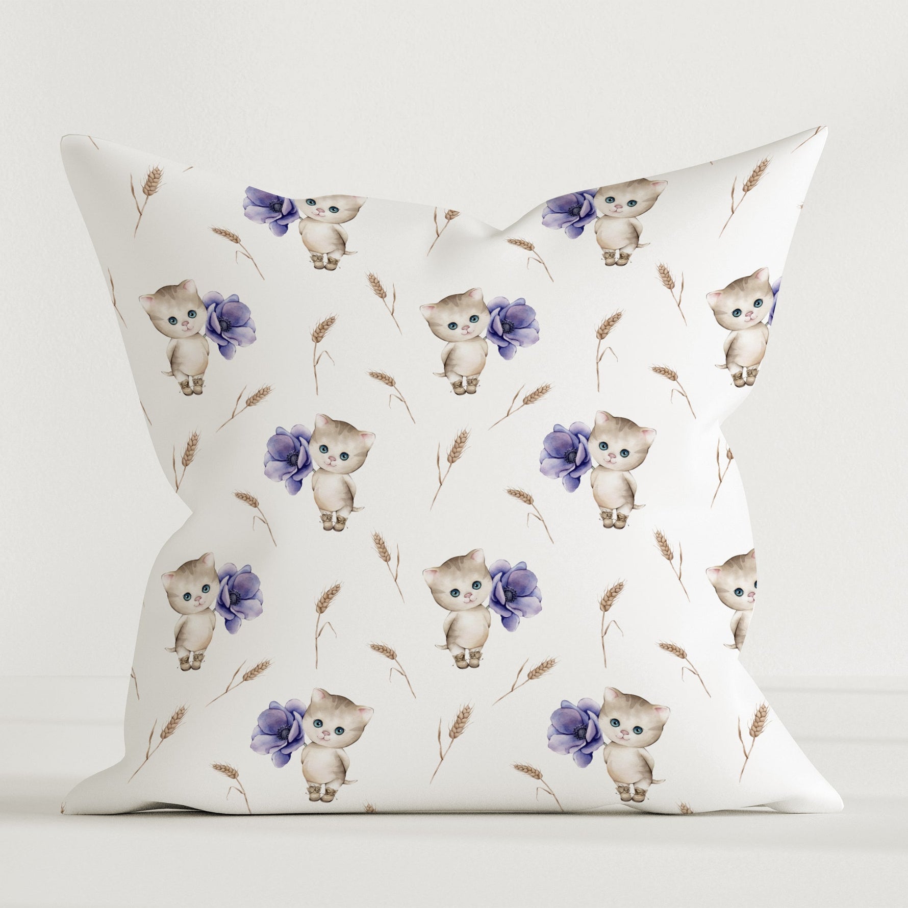 "Katze mit Blumen" Premium Kinderdekokissen