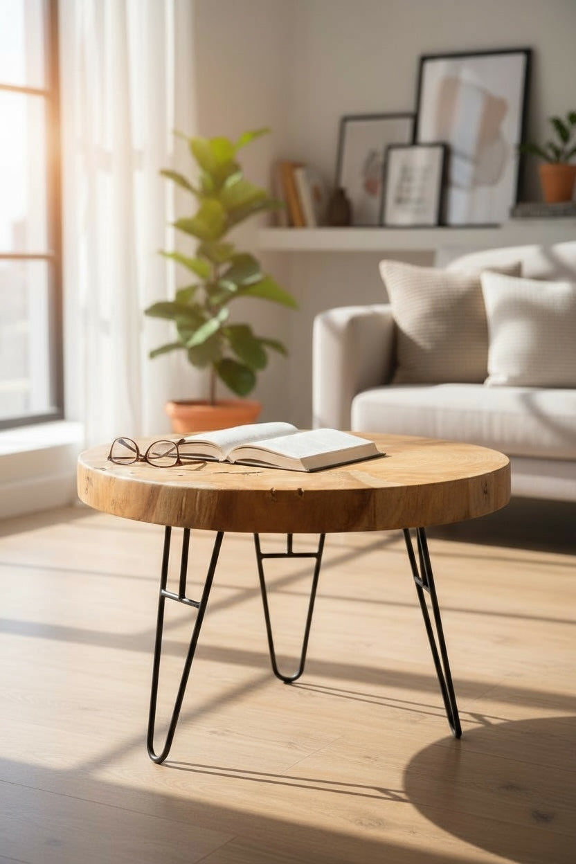 Holz Couchtisch – Beistelltisch Kaffeetisch – Mit drei Metallbeinen – Rund aus Teakholz – 60x60x43 cm
