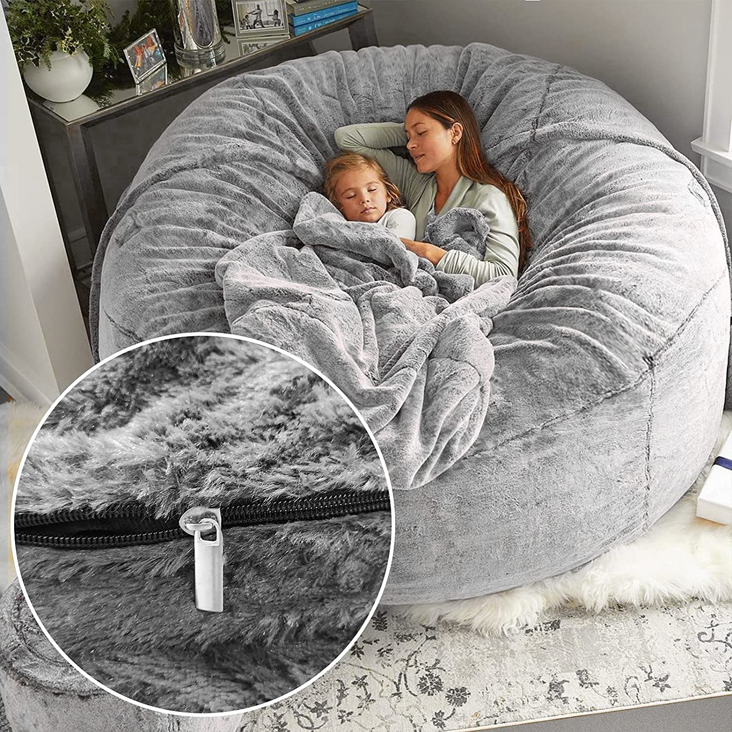MainMall Sitzsack-Bezug – nur Bezug, kein gefüllter Sitzsack, großer runder, weicher & flauschiger PV-Velours Sofa-/Sofabett-Bezug, Wohnzimmermöbel, Lazy-Sofa-Bezug, 5 ft, Schnee-Grau