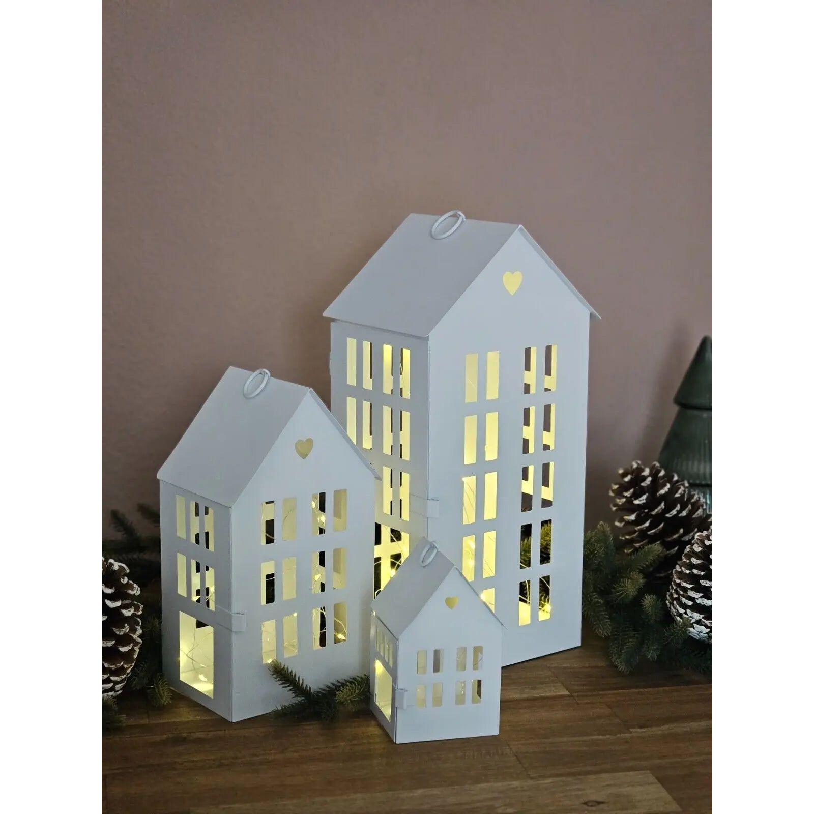 3 Laternenhäuser Windlicht Laternen Häuser Laterne Haus Metall weiß 3er SET
