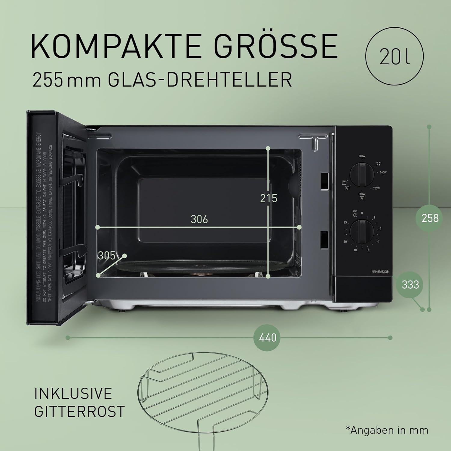 Panasonic NN-GM22QBEPG, Arbeitsplatte, Kombi-Mikrowelle, 20 l, 800 W, Drehregler, Schwarz
