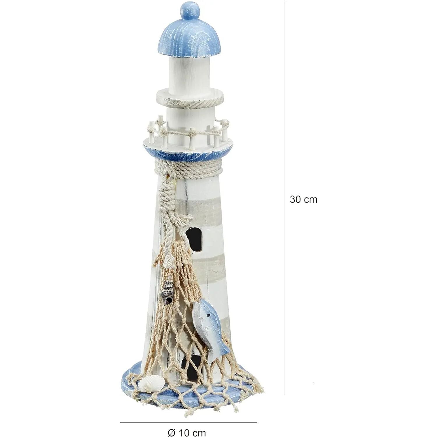 Leuchtturm Holz blau weiß Deko m. Muscheln & Netz Dekoration Strand Meer Maritim