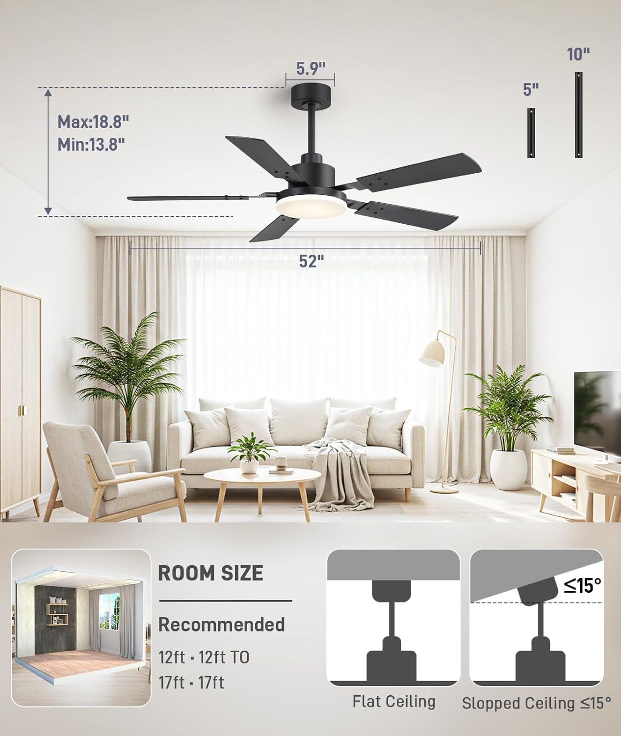 Fifty TwoInch Ceiling Fan With Energy Efficient LED Lighting
