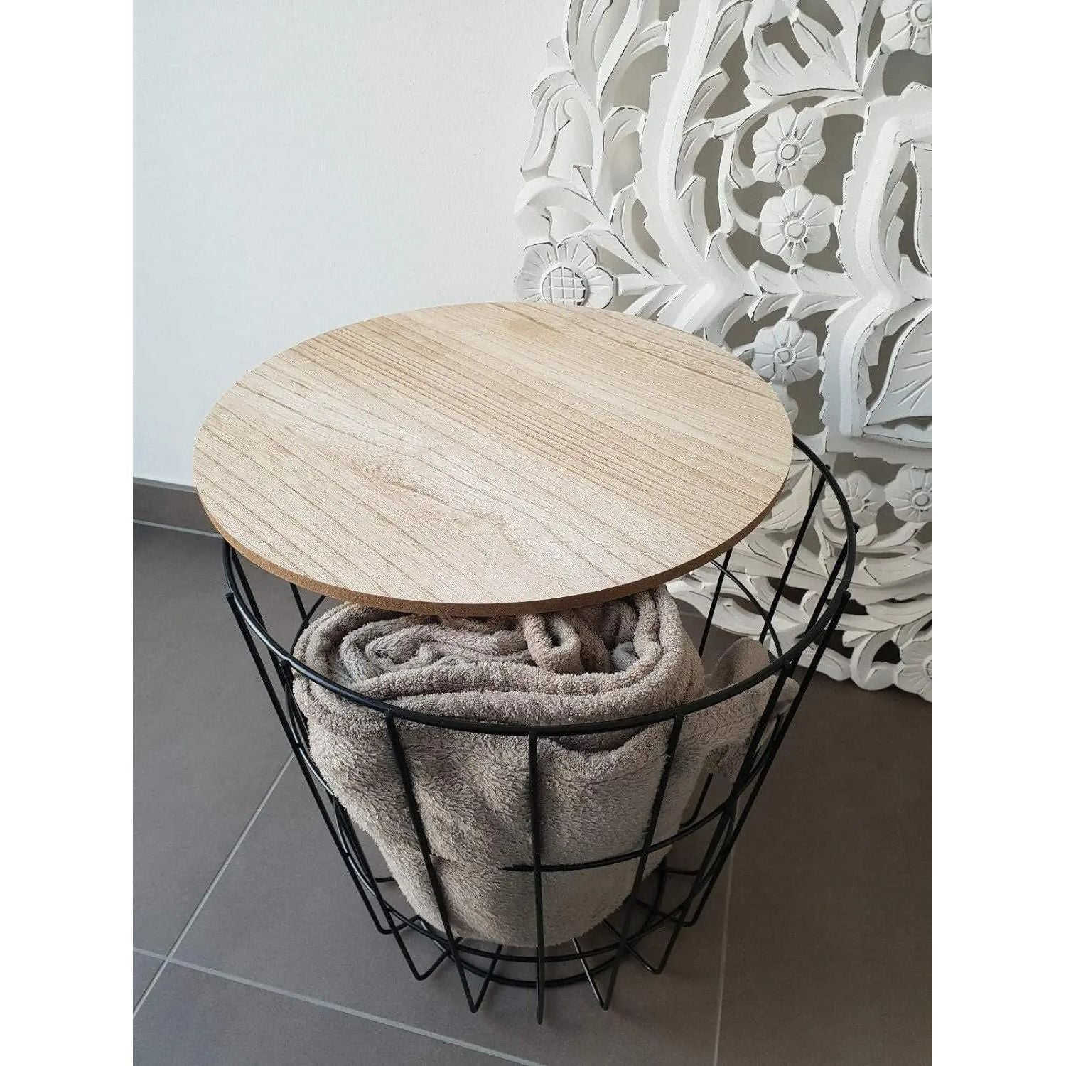 Beistelltisch Tisch mit Stauraum Ø 39 cm H=41 cm Metall/Holz Nachttisch Schwarz