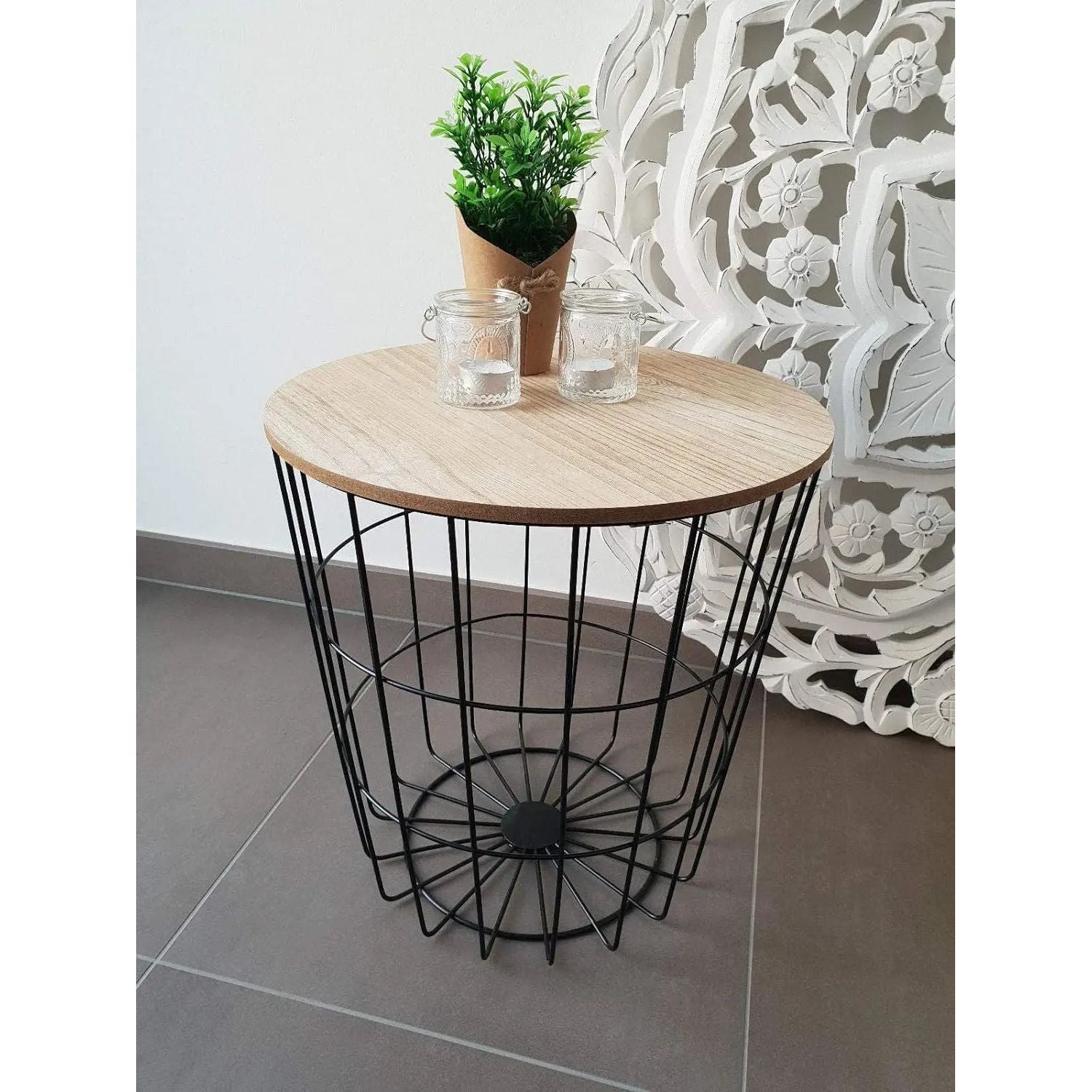 Beistelltisch Tisch mit Stauraum Ø 39 cm H=41 cm Metall/Holz Nachttisch Schwarz