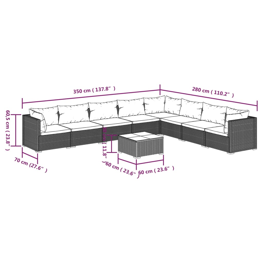 NNEVL 9 Piece Garden Lounge Set with Cushions Poly Rattan Black