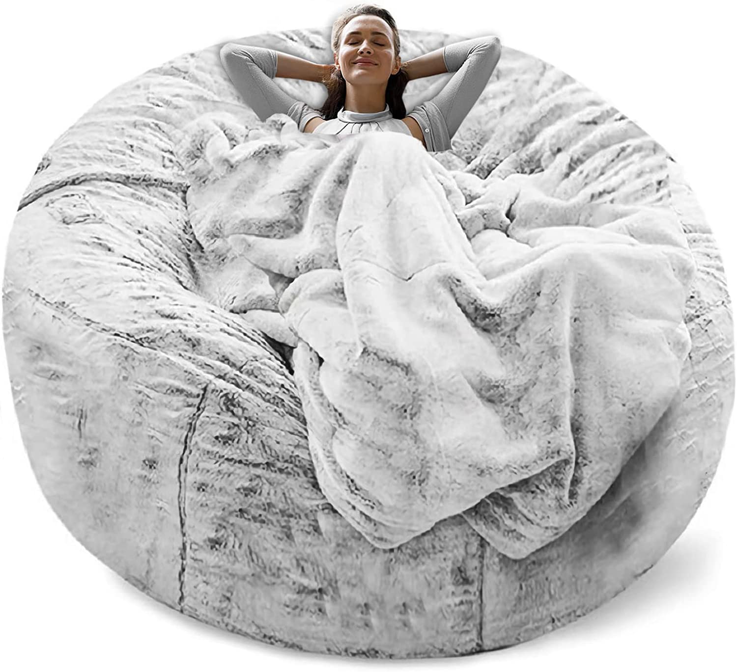 MainMall Sitzsack-Bezug – nur Bezug, kein gefüllter Sitzsack, großer runder, weicher & flauschiger PV-Velours Sofa-/Sofabett-Bezug, Wohnzimmermöbel, Lazy-Sofa-Bezug, 5 ft, Schnee-Grau