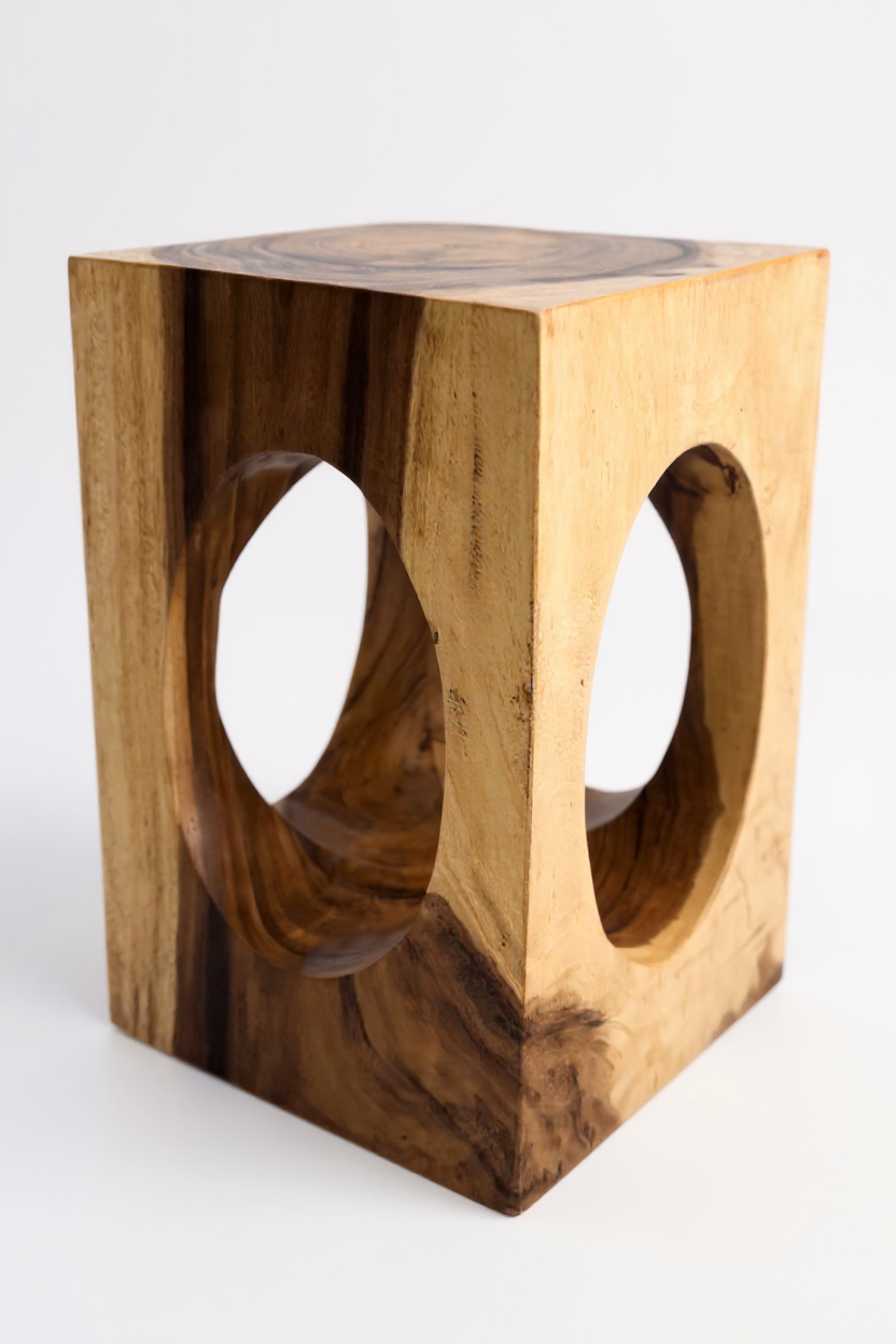 Holz Beistelltisch – Couchtisch Blumenhocker Hocker - Handgefertigt – Eckig mit O-Ausschnitt Suarholz - 45x30x30 cm
