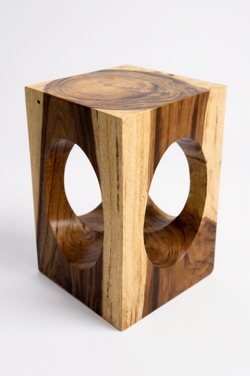 Holz Beistelltisch – Couchtisch Blumenhocker Hocker - Handgefertigt – Eckig mit O-Ausschnitt Suarholz - 45x30x30 cm