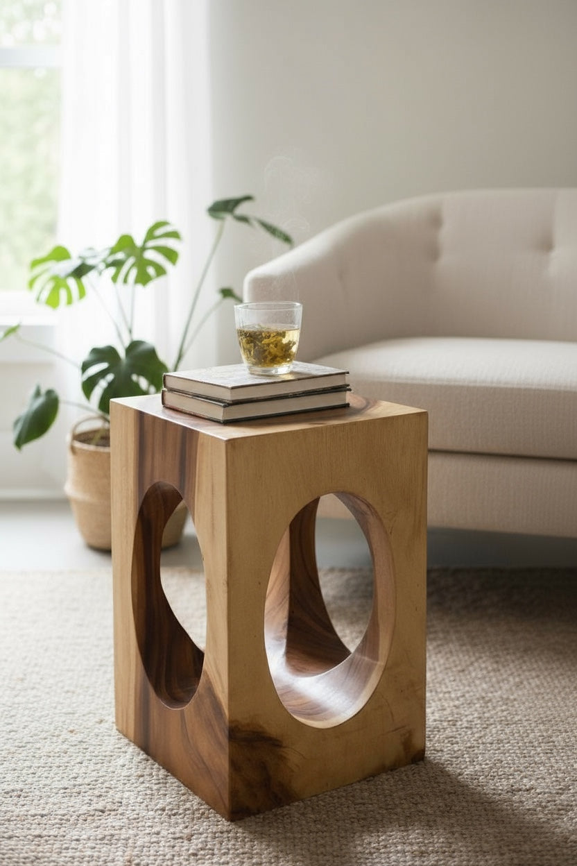 Holz Beistelltisch – Couchtisch Blumenhocker Hocker - Handgefertigt – Eckig mit O-Ausschnitt Suarholz - 45x30x30 cm