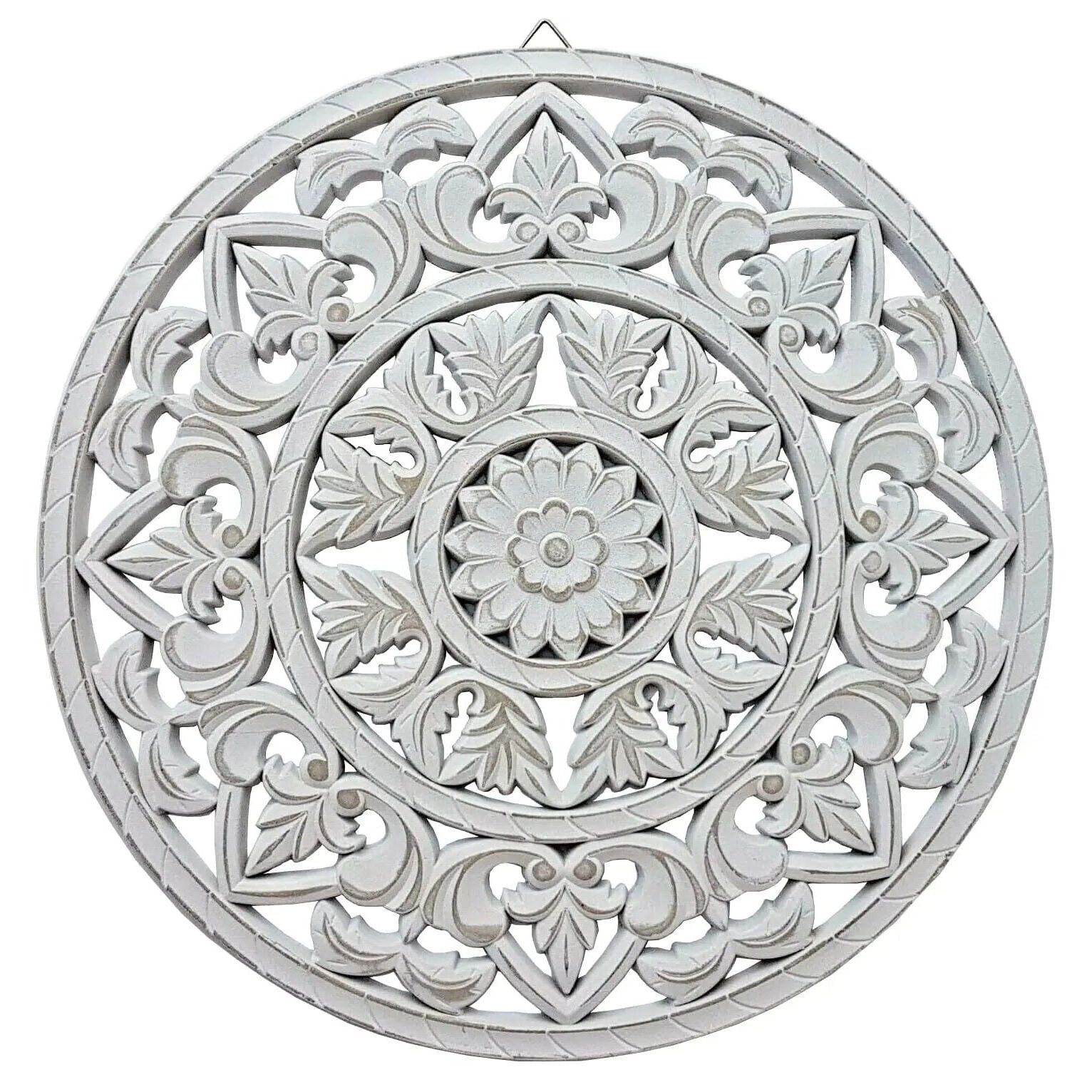 Ornament Holzbild Wandornament Holz shabby weiß Landhaus Dekoration Mandala Deko