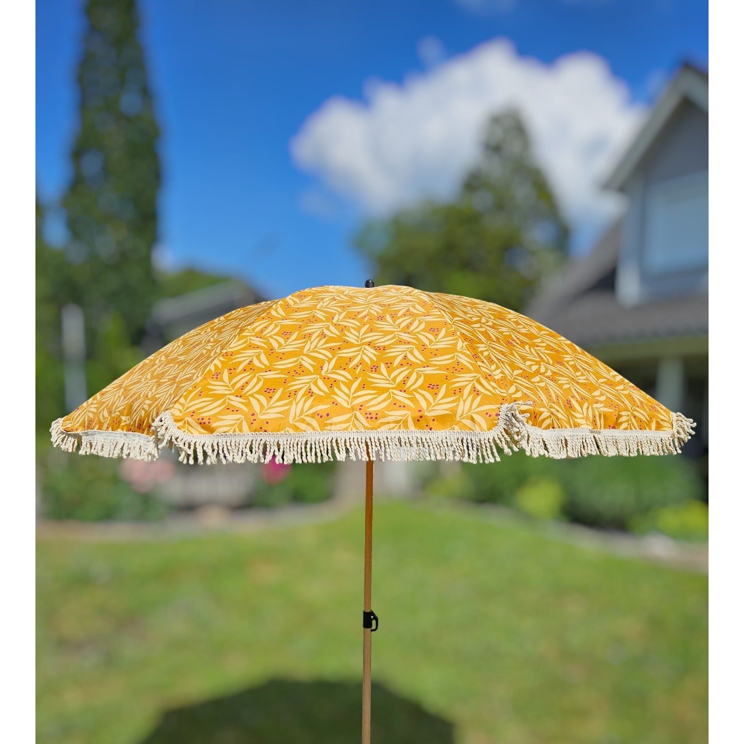Sonnenschirm Strandschirm Schirm UV Schutz mit Tasche Fransen Gelb Ø 170 cm