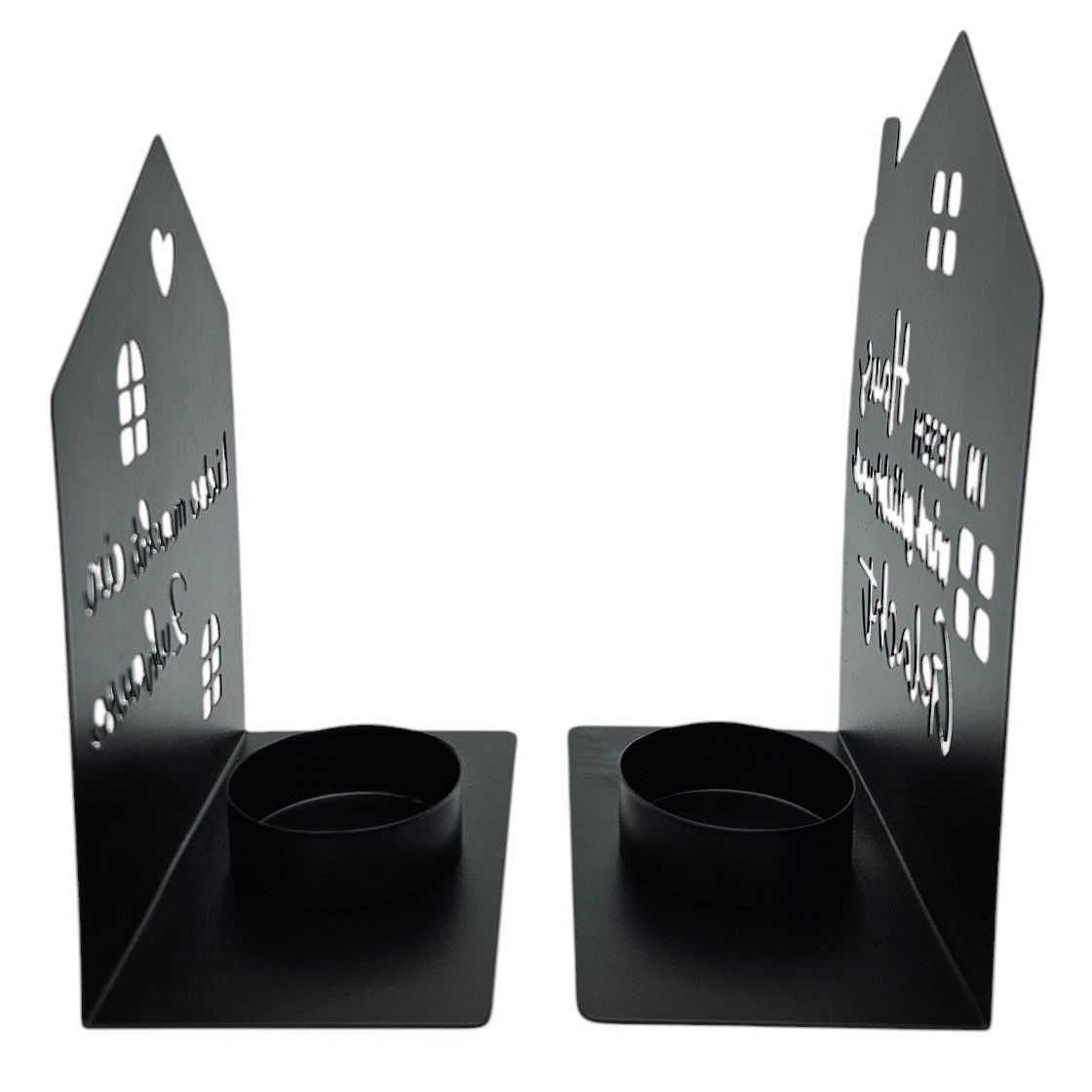 Teelichthalter Haus schwarz 2er Set Kerzenhalter Metall Zuhause Sprüche