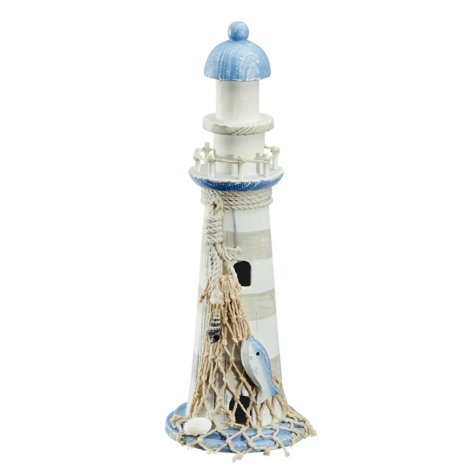 Leuchtturm Holz blau weiß Deko m. Muscheln & Netz Dekoration Strand Meer Maritim