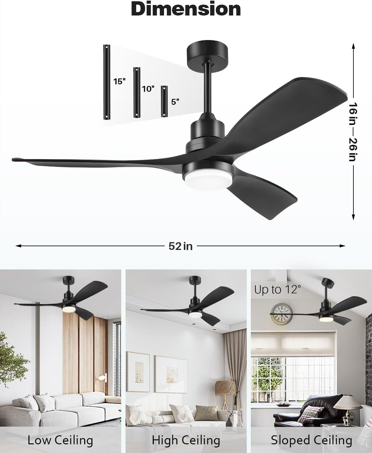 52 Inch Matte Black Finish Ceiling Fan With Remote Control