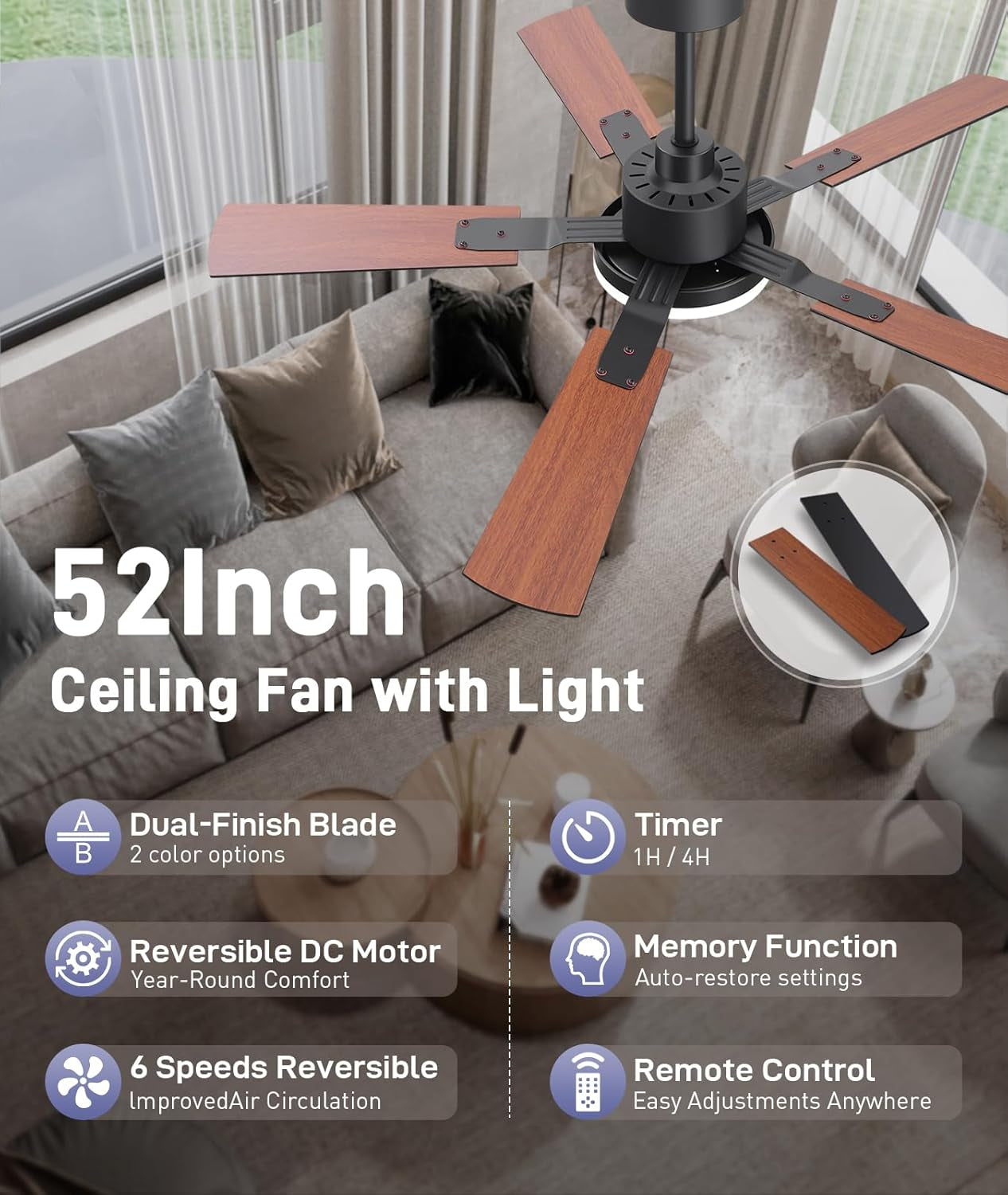 Fifty TwoInch Ceiling Fan With Energy Efficient LED Lighting