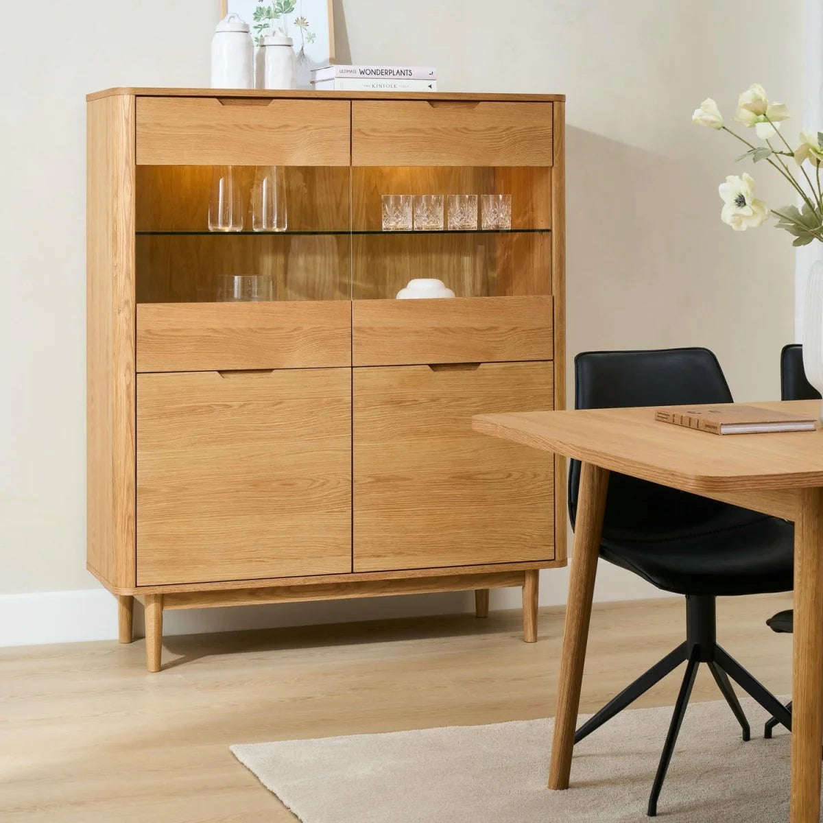 FURNHOUSE Nyborg Highboard mit LED-Beleuchtung - 123 cm breit - Wildeiche Natur