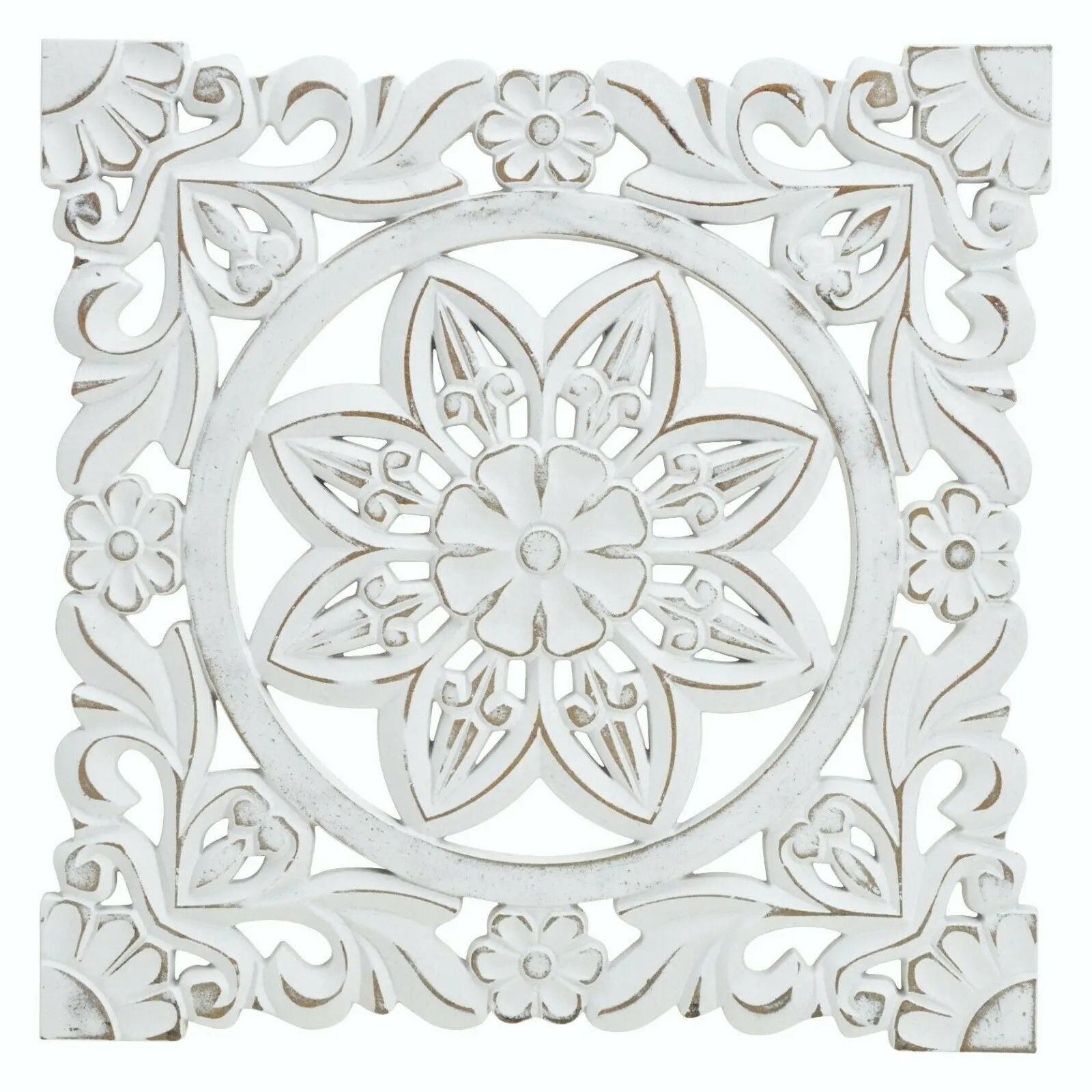 Ornament Holzbild Wandornament Holz shabby weiß Landhaus Dekoration Mandala Deko