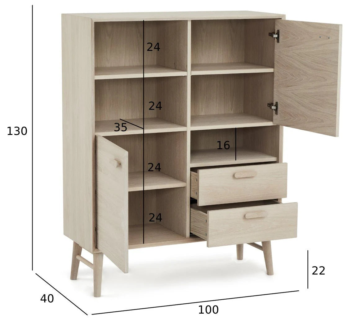 FURNHOUSE Porto Highboard mit 2 Türen - 100 cm breit - Eiche Weiß geöltes