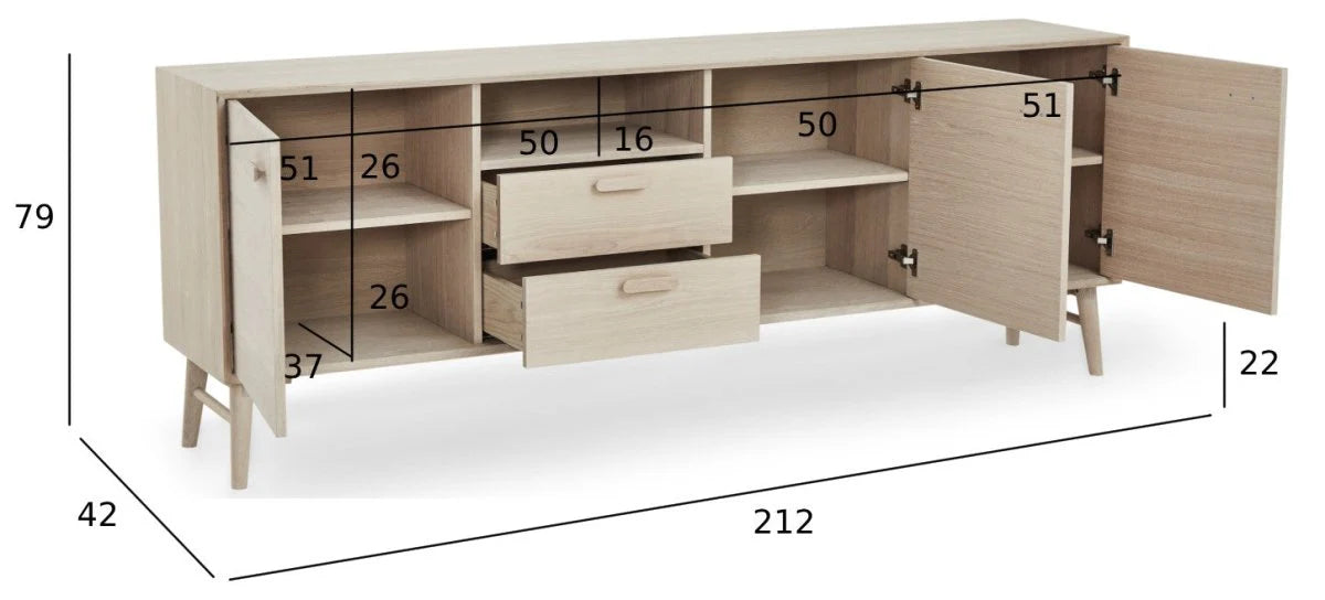 FURNHOUSE Porto Sideboard mit 3 Türen - 212 cm breit - Eiche Weiß geöltes